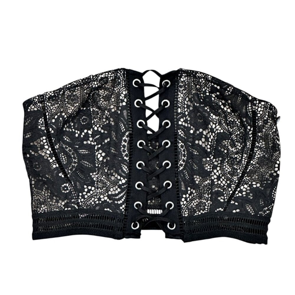 Victorias Secret Y2K Black Lace Bustier Corset Top XS Lace Up Goth Lingerie Crop